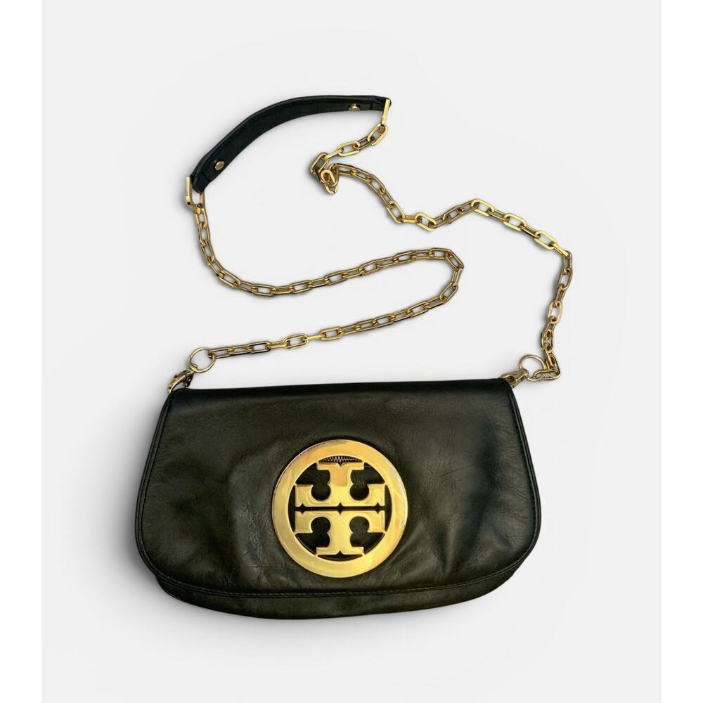 Tory Burch Reva Black Leather Crossbody Clutch Bag - Gold Accents/Chain Handle